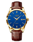 LIGE Black Leather Strap Date Quartz Watch