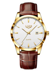 LIGE Black Leather Strap Date Quartz Watch