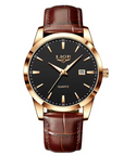 LIGE Black Leather Strap Date Quartz Watch