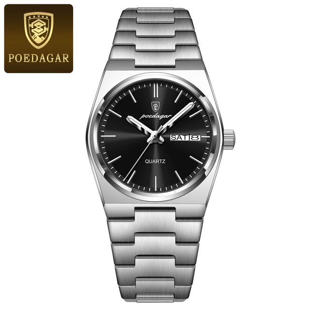 POEDAGAR Stainless Steel Day-Date Quartz Watch