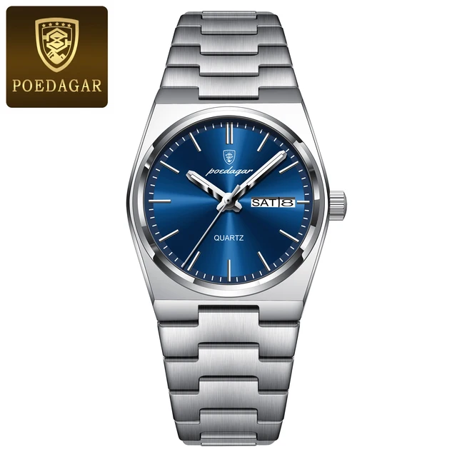 POEDAGAR Stainless Steel Day-Date Quartz Watch