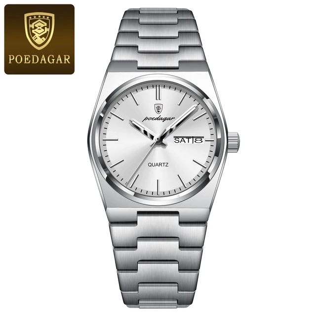 POEDAGAR Stainless Steel Day-Date Quartz Watch