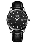 LIGE Black Leather Strap Date Quartz Watch