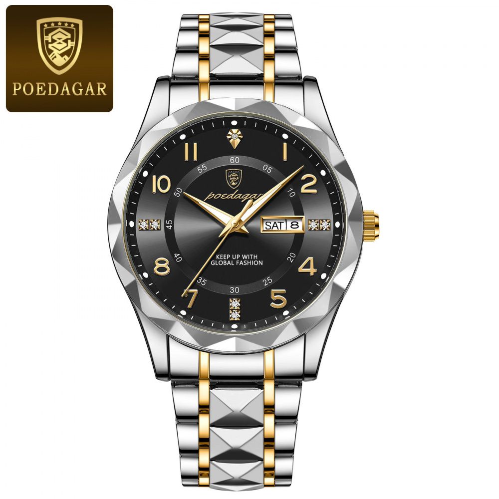 POEDAGAR Two-Tone Stainless Steel Day-Date Quartz Watch