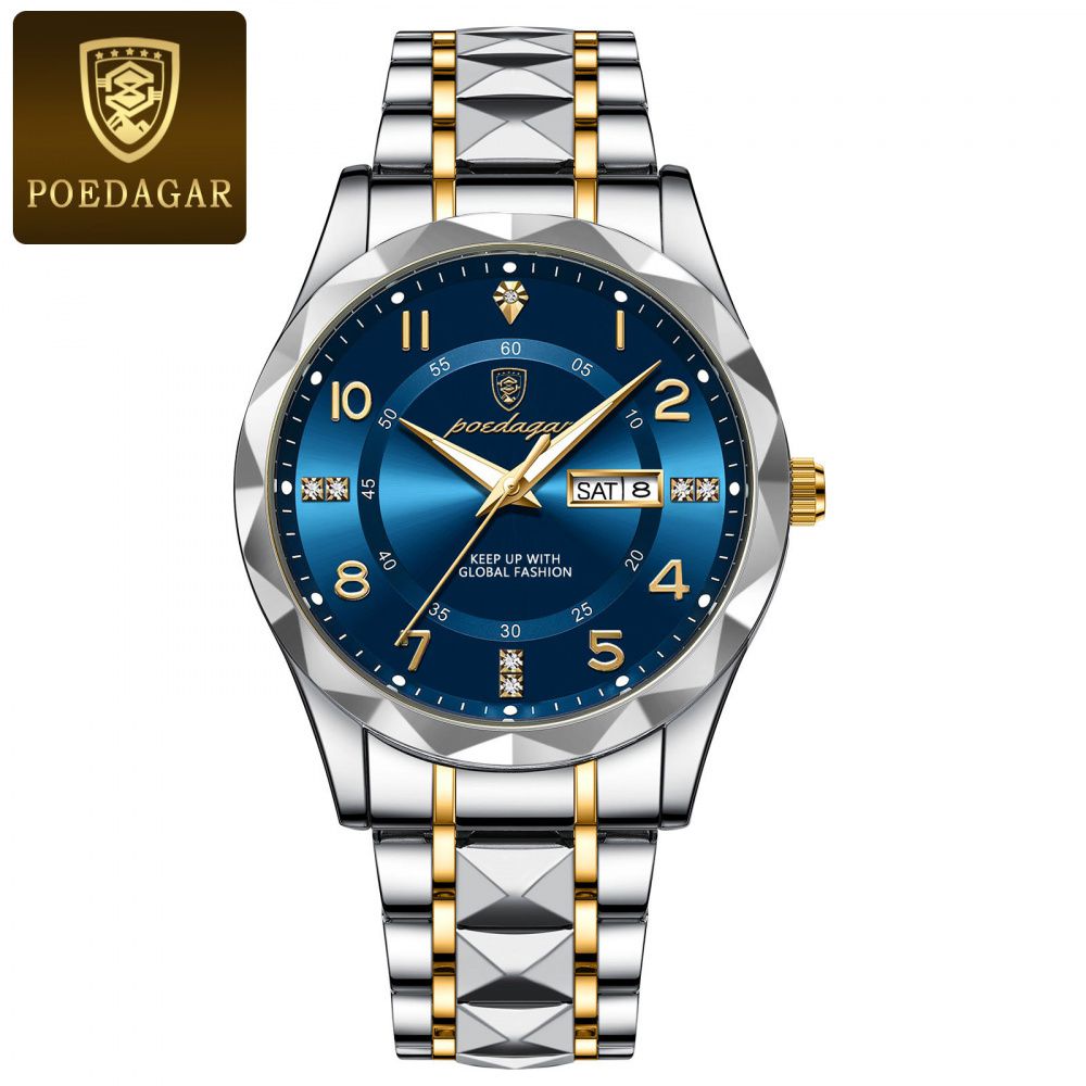 POEDAGAR Two-Tone Stainless Steel Day-Date Quartz Watch