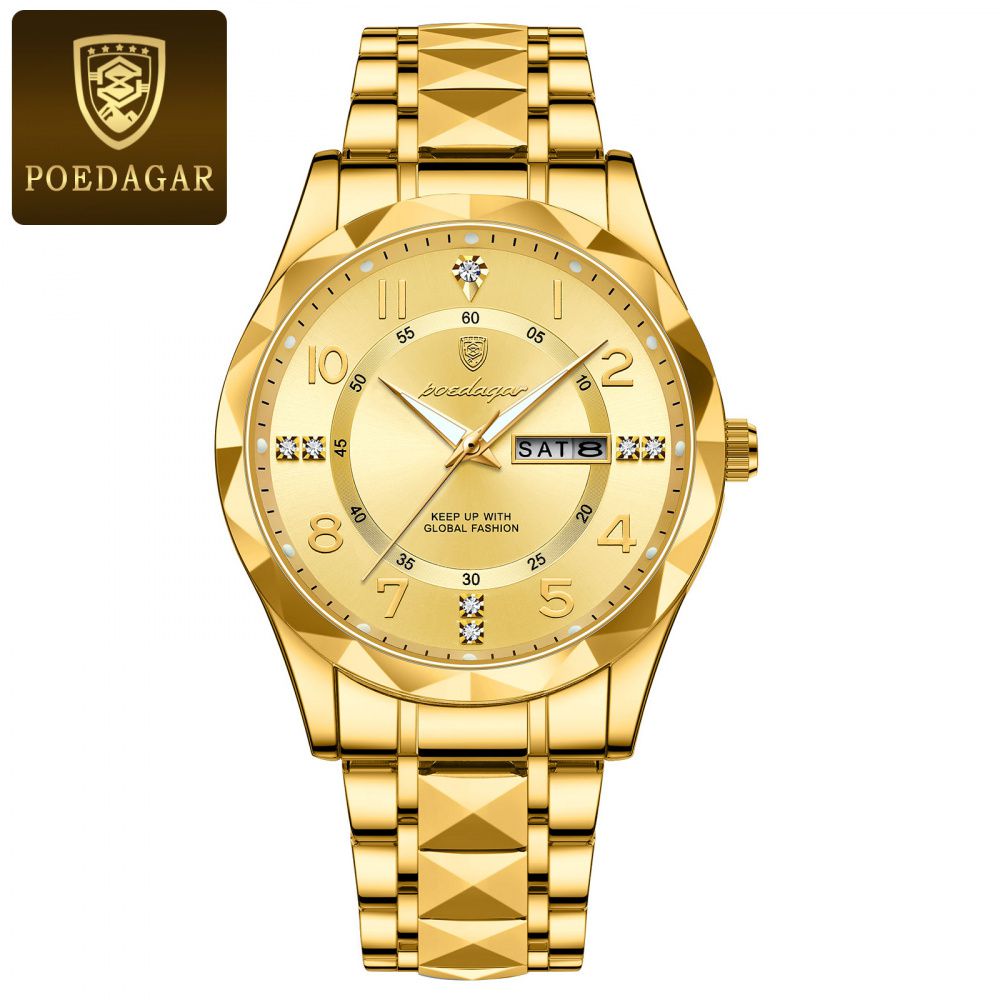 POEDAGAR Two-Tone Stainless Steel Day-Date Quartz Watch