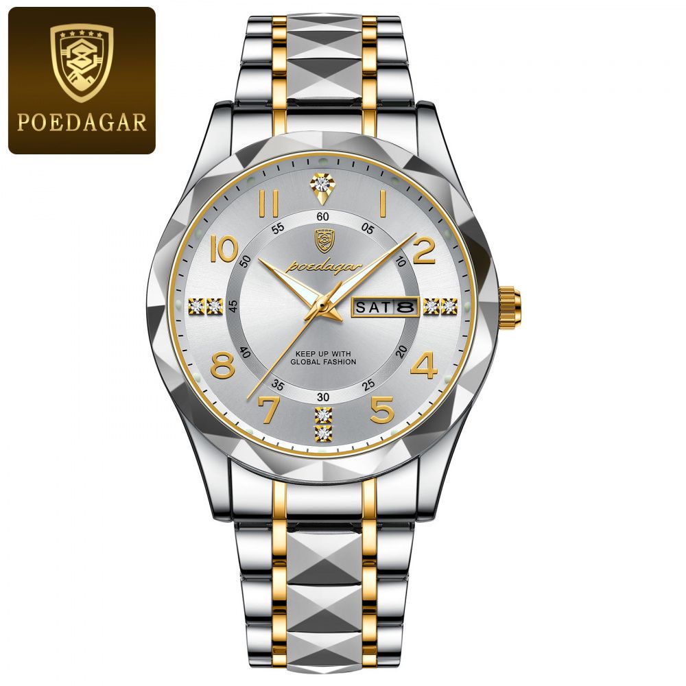 POEDAGAR Two-Tone Stainless Steel Day-Date Quartz Watch