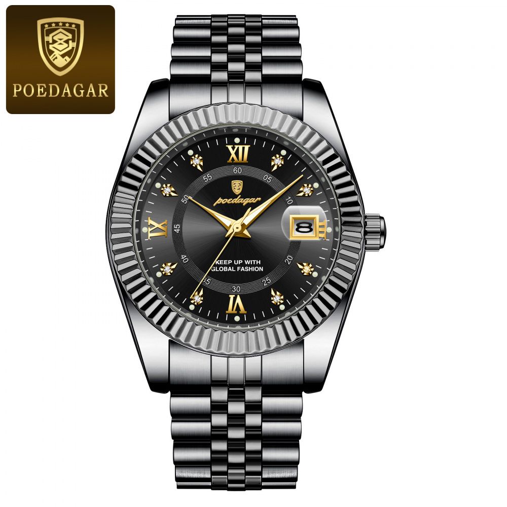 POEDAGAR Fluted Bezel Stainless Steel Quartz Watch