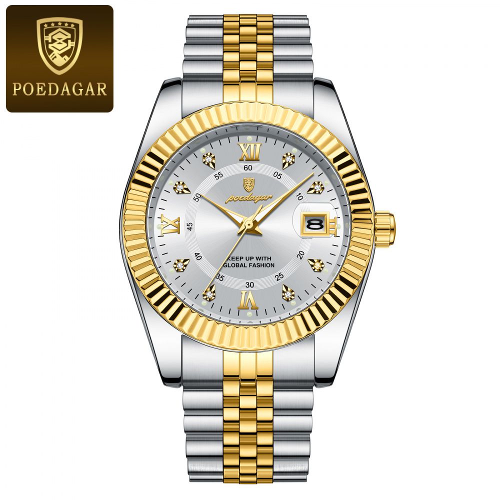 POEDAGAR Fluted Bezel Stainless Steel Quartz Watch
