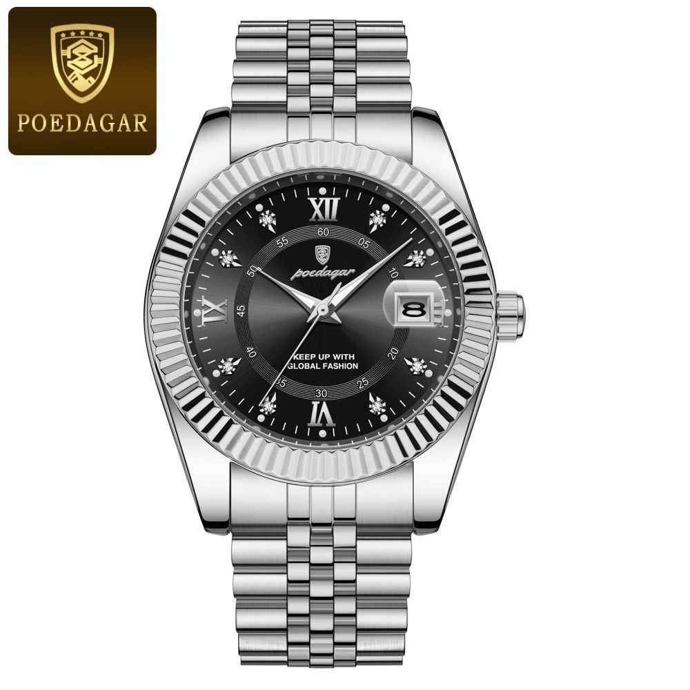 POEDAGAR Fluted Bezel Stainless Steel Quartz Watch
