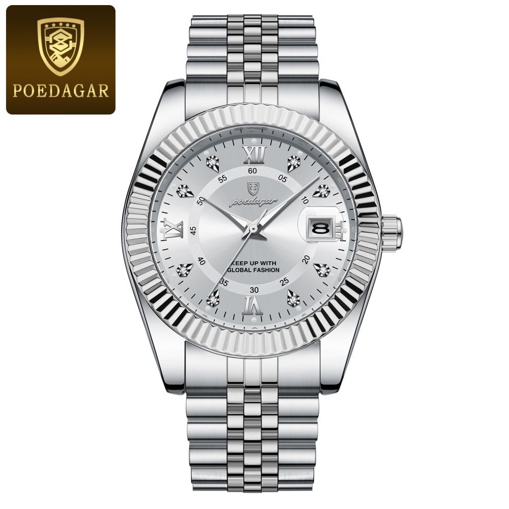 POEDAGAR Fluted Bezel Stainless Steel Quartz Watch